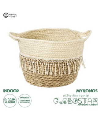 GloboStar® Artificial Garden MYKONOS 20280 Διακοσμητικό Πλεκτό Καλάθι - Κασπώ Γλάστρα - Flower Pot Μπεζ με Μακραμέ Φ25cm x Υ19cm